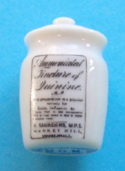 White Ceramic Dispensing Jar of Tincture of Quinine.