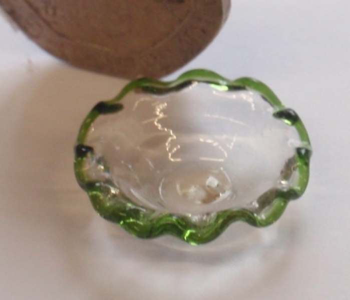 Glass Fruit Bowl with Green Fluted Edging