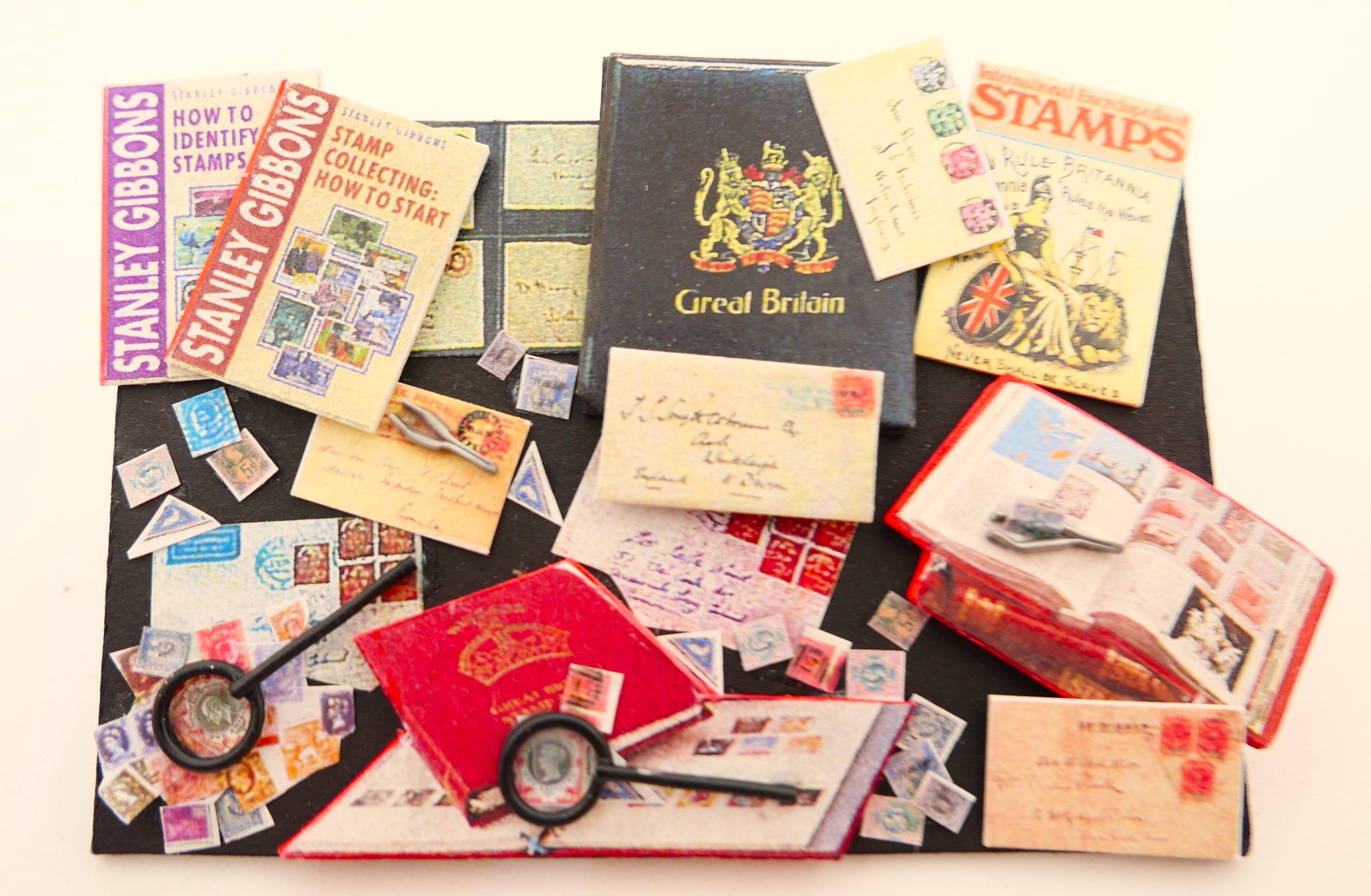 Stamp & postcard collector desk scene